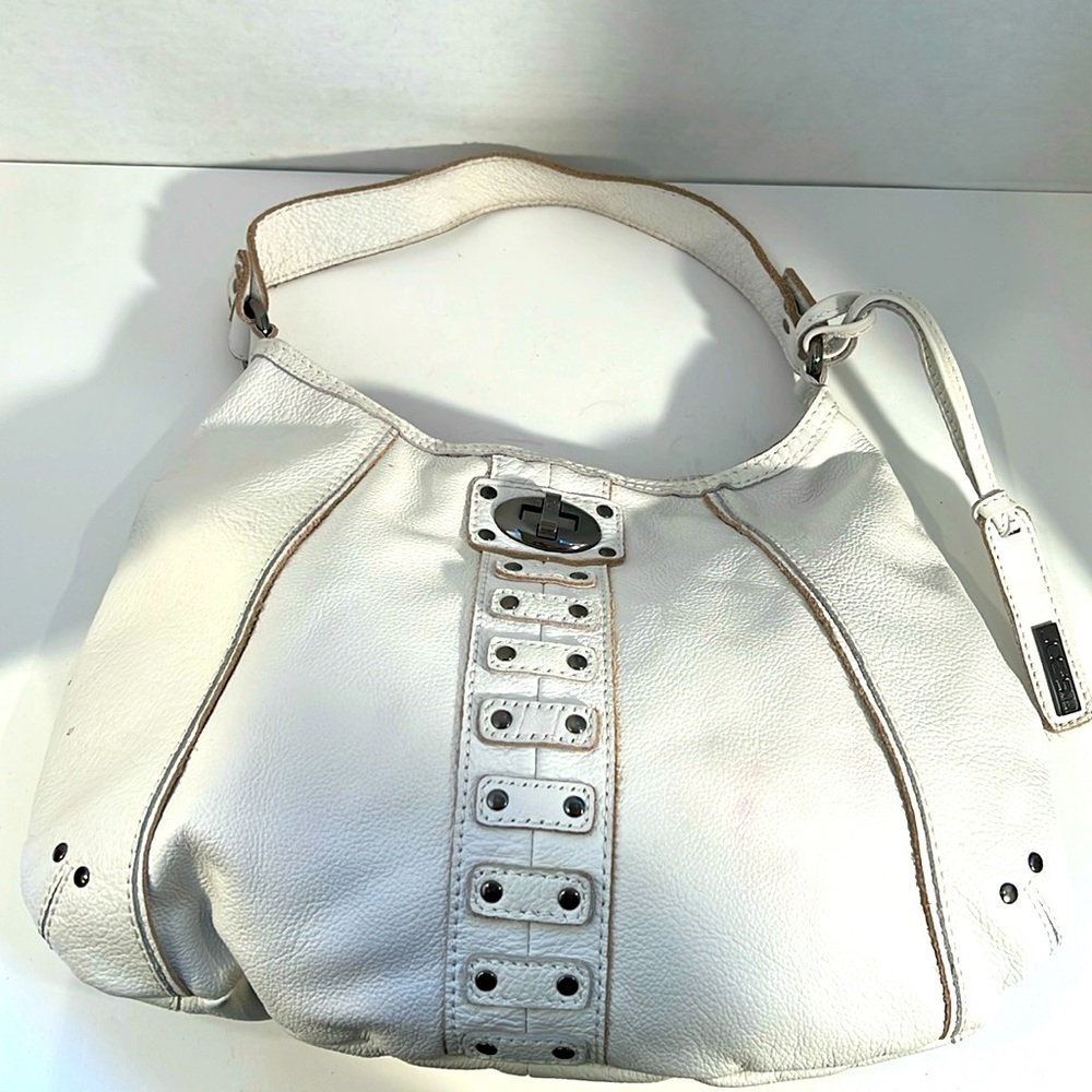 Joes Jeans Purse Bag Hobo White Leather Studded  Turnlock Moto Buttery Soft